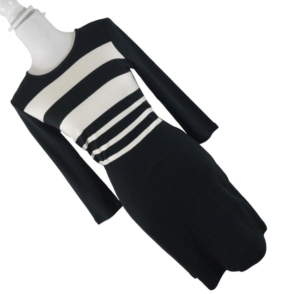 NWOT! TALBOTS! FAB BLACK & CREAM STRIPED KNIT, LONG SLEEVED SWEATER DRESS! SZ XS